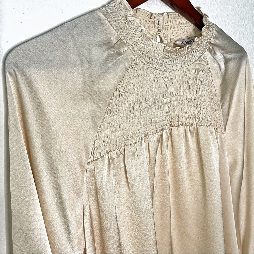 Nanette Lepore satin smocked neck and chest balloons sleeves beige XL NWT - Picture 8 of 13